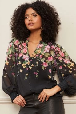 Next Black Floral Love & Roses Printed Notch Neck Blouse