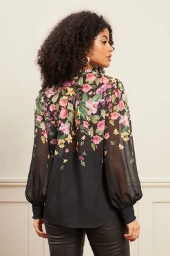Next Black Floral Love & Roses Printed Notch Neck Blouse -Fashion Women K22999s3