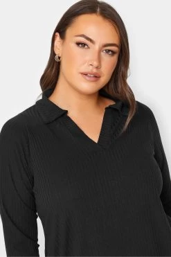 Yours Curve Long Sleeve Ribbed Polo Top -Fashion Women K31366s4