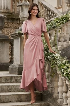 Lipsy Flutter Sleeve Wrap Front Bridesmaid Maxi Dress
