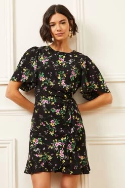 Love & Roses Twist Front Flutter Sleeve Mini Dress