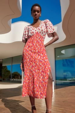 Love & Roses Printed Empire V Neck Wrap Short Sleeve Midi Dress