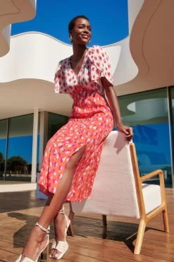 Love & Roses Printed Empire V Neck Wrap Short Sleeve Midi Dress -Fashion Women K34945s3