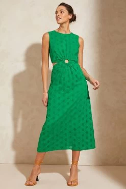 Love & Roses Broderie Cut Out Ring Detail Ruched Midi Dress