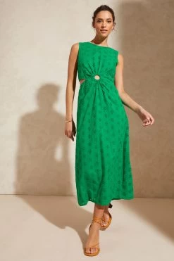 Love & Roses Broderie Cut Out Ring Detail Ruched Midi Dress -Fashion Women K35069s4