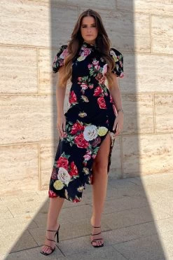 Girl In Mind Lily Black Floral Cut Out Detail Midi Dress -Fashion Women K35675s3