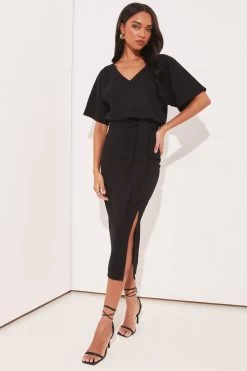 Lipsy V Neck Blouson Flutter Sleeve Belted Midi Dress