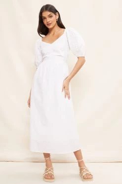 Friends Like These Broderie Sweetheart Ruched Neck 3D Puff Sleeve Midi Dress
