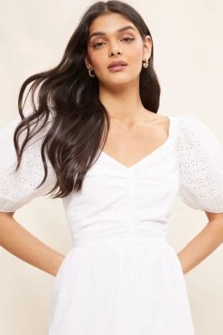 Friends Like These Broderie Sweetheart Ruched Neck 3D Puff Sleeve Midi Dress -Fashion Women K41751s4