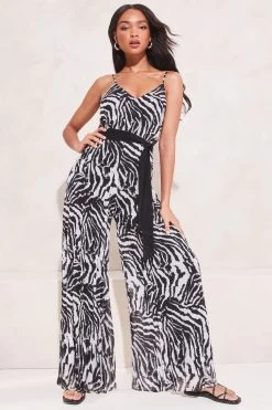 Lipsy Print Strappy Pleated Belted Wide Leg Jumpsuit -Fashion Women K43544s3