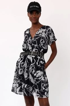 Religion Faux Wrap Dress With Elasticated Waist In Print
