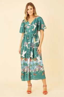 Yumi Satin Crane Print Border Shirt Dress