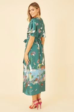 Yumi Satin Crane Print Border Shirt Dress -Fashion Women K49116s4