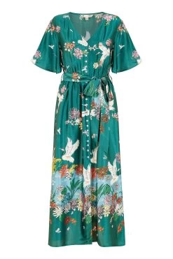 Yumi Satin Crane Print Border Shirt Dress -Fashion Women K49116s5