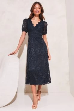 Lipsy Lace Prom Scallop V Neck Puff Sleeve Midi Dress -Fashion Women K49153s3