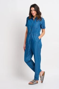 Brakeburn Denim Short Sleeve Tie Waist Jumpsuit