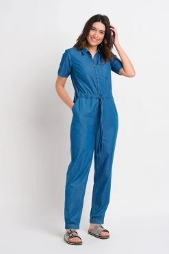 Brakeburn Denim Short Sleeve Tie Waist Jumpsuit -Fashion Women K56500s4