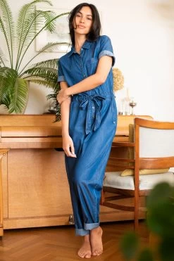 Brakeburn Denim Short Sleeve Tie Waist Jumpsuit -Fashion Women K56500s5