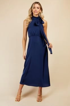 Little Mistress Halterneck Bow Detail Satin Midaxi Dress