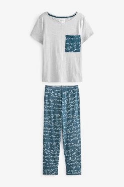 Next Navy/Grey Script Cotton Blend Short Sleeve Pyjamas -Fashion Women M00405s4