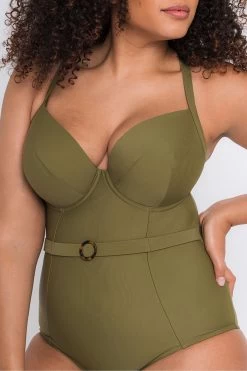 Curvy Kate Olive Green Retro Sun Padded Plunge Swimsuit -Fashion Women M38336s3