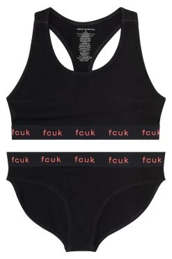 French Connection Black Fcuk Crop Top & Briefs Set