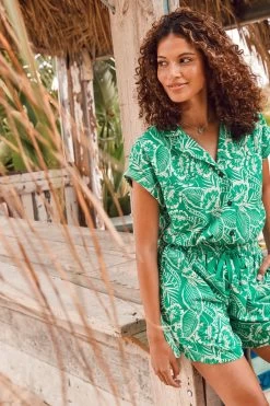 FatFace Green Val Leaf Linen Blend Shirt -Fashion Women M85 894s3