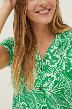 FatFace Green Val Leaf Linen Blend Shirt -Fashion Women M85 894s7