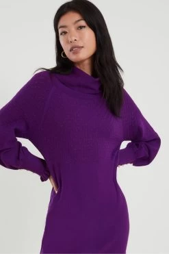 Monsoon Purple Cowl Neck Knitted Rib Dress -Fashion Women M88335s3