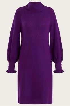 Monsoon Purple Cowl Neck Knitted Rib Dress -Fashion Women M88335s4