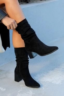 Linzi Wisteria Faux Suede Western Style Ruched Boot With Leather Stacked Heel