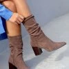 Linzi Wisteria Faux Suede Western Style Ruched Boot With Leather Stacked Heel -Fashion Women P48295s