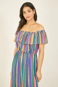 Yumi Rainbow Stripe Bardot Maxi Dress