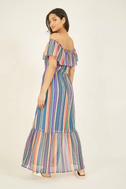 Yumi Rainbow Stripe Bardot Maxi Dress -Fashion Women Q23303s3