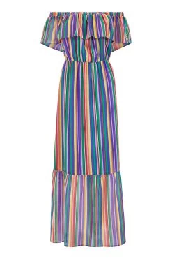 Yumi Rainbow Stripe Bardot Maxi Dress -Fashion Women Q23303s4