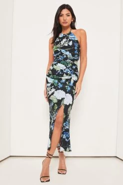 Lipsy Printed Ruched Split Halter Midi Dress