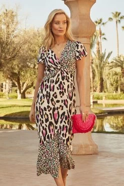 Love & Roses Printed Twist Front V Neck Flutter Sleeve Midi Summer Dress