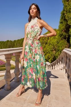 V&A L Love & Roses Printed Halter Pleated Midi Dress