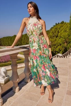 V&A L Love & Roses Printed Halter Pleated Midi Dress -Fashion Women Q33419s4