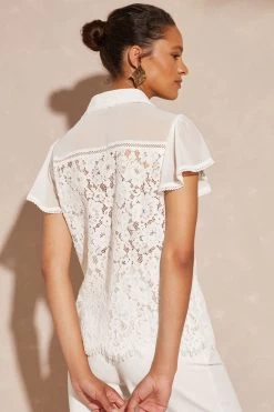 Love & Roses Lace Chiffon Mix Flutter Sleeve Shirt -Fashion Women Q36324s3