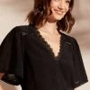 Love & Roses Flutter Sleeve Lace Trim V Neck Dobby Blouse -Fashion Women Q38689s