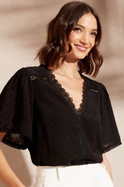 Love & Roses Flutter Sleeve Lace Trim V Neck Dobby Blouse