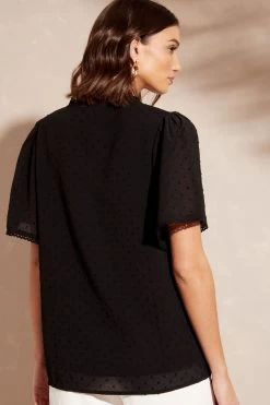 Love & Roses Flutter Sleeve Lace Trim V Neck Dobby Blouse -Fashion Women Q38689s3