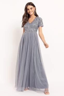 Maya V Neck Short Sleeve Sequin Maxi Dress