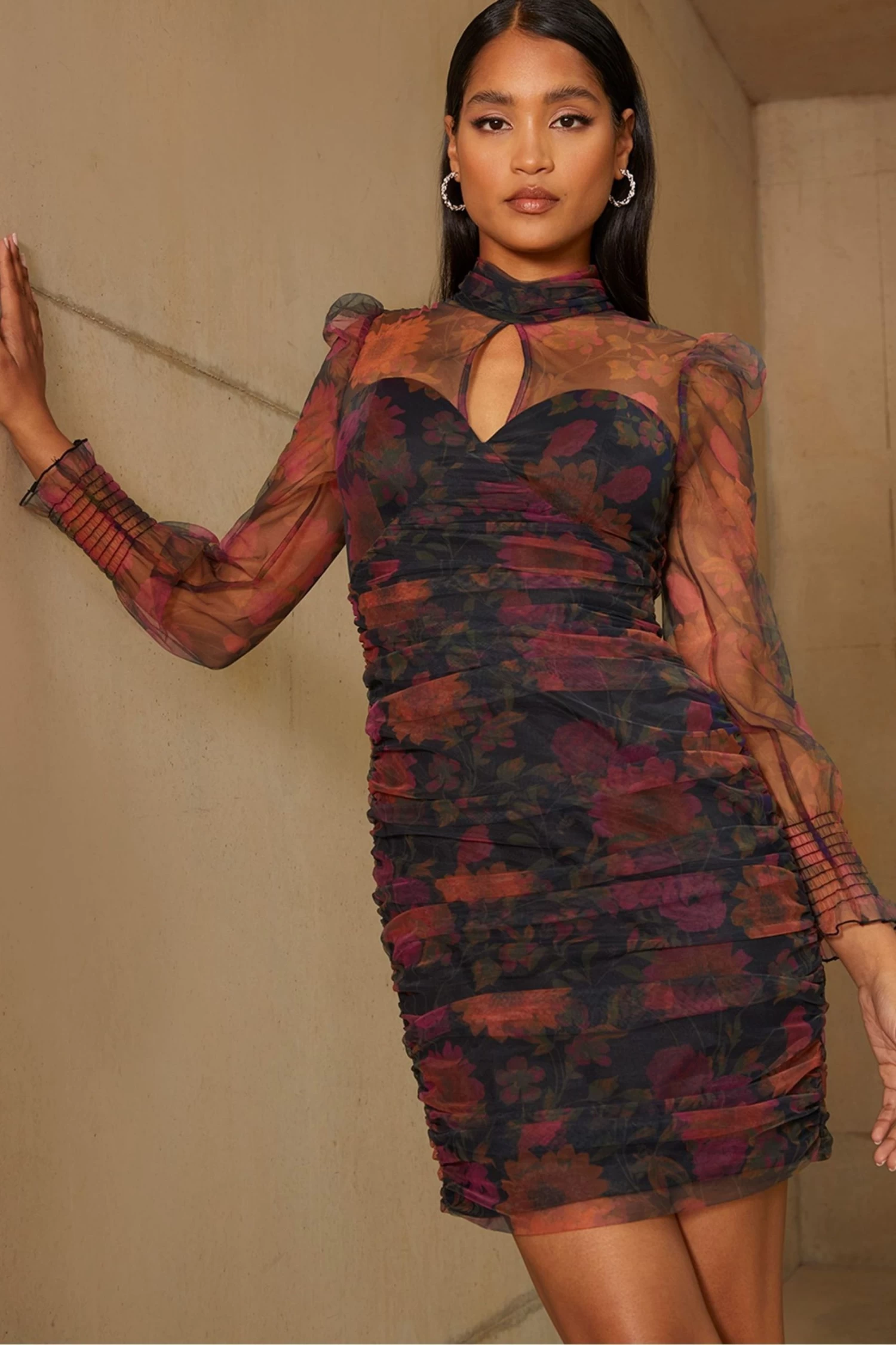 Chi Chi London High Neck Balloon Sleeve Floral Ruched Mini Dress 6 Chi Chi London High Neck Balloon Sleeve Floral Ruched Mini Dress - Image 4