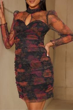 Chi Chi London High Neck Balloon Sleeve Floral Ruched Mini Dress 11 Chi Chi London High Neck Balloon Sleeve Floral Ruched Mini Dress -Fashion Women R71703s5