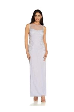 Adrianna Papell Studio White Beaded Long Dress
