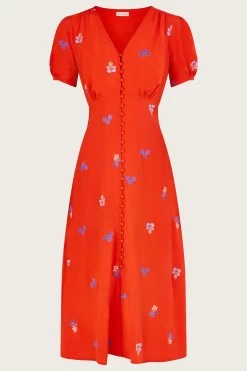Monsoon Orange Ollie Embroidered Tea Dress In Sustainable Viscose -Fashion Women T24601s4