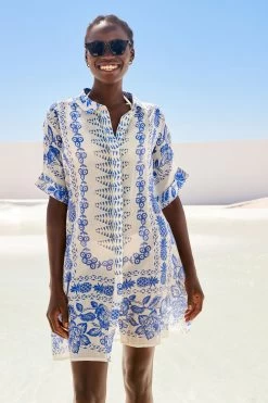 Next White/Blue Longline Short Sleeve Beach Shirt -Fashion Women T25 076s2