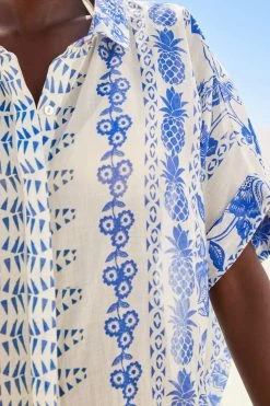 Next White/Blue Longline Short Sleeve Beach Shirt -Fashion Women T25 076s6